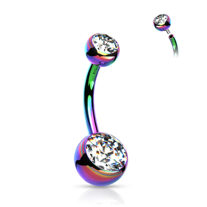 Piercing nombril en titane ASTM F136 multicolore avec boules serties de zircons blanc