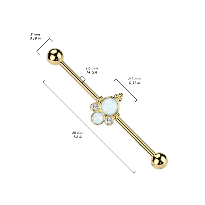 Piercing industriel en acier chirurgical doré double opale