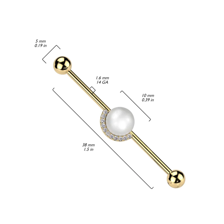 Piercing industriel en acier chirurgical doré  perle avec demi-cercle de zircons