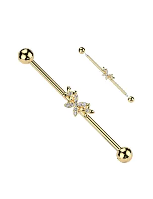 Piercing industriel en acier chirurgical doré avec triple papillon