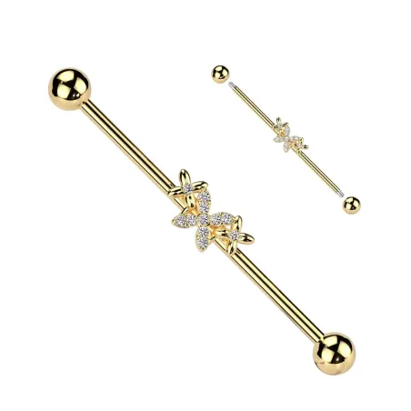 Piercing industriel en acier chirurgical doré avec triple papillon