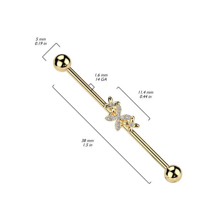 Piercing industriel en acier chirurgical doré avec triple papillon
