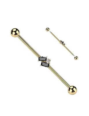 Piercing industriel en acier chirurgical doré avec zircon baguettes noires