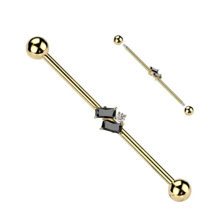Piercing industriel en acier chirurgical doré avec zircon baguettes noires