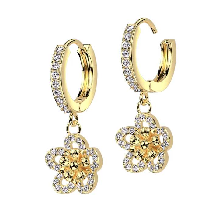 Boucles d'oreilles anneaux plaqué or fleur pavée de zircons