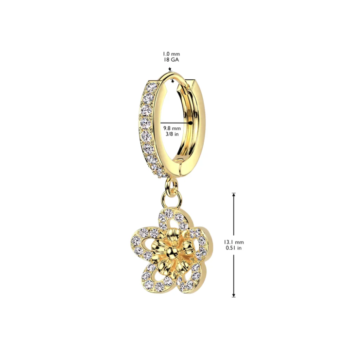 Boucles d'oreilles anneaux plaqué or fleur pavée de zircons