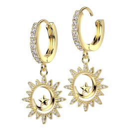 Boucles d'oreilles anneaux plaqué or soleil lune et étoile