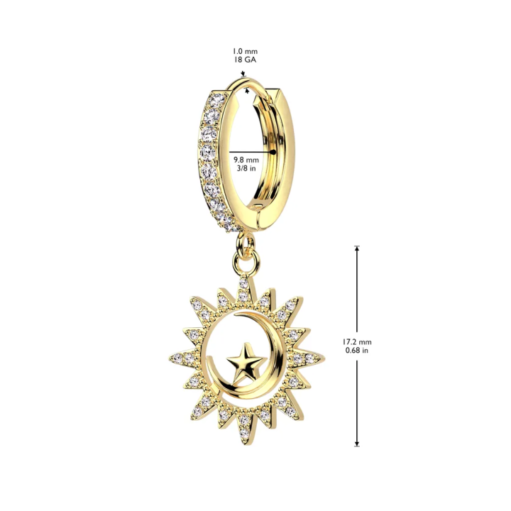 Boucles d'oreilles anneaux plaqué or soleil lune et étoile