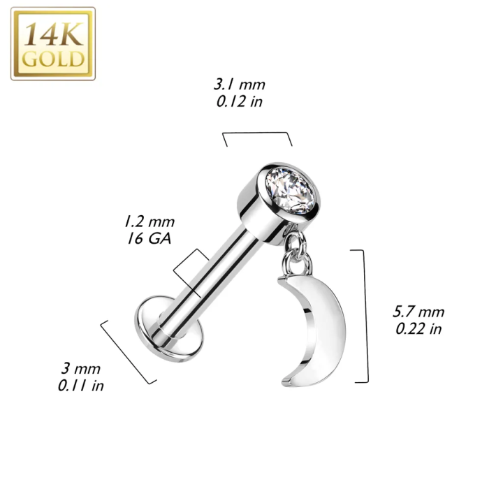 Piercing oreille en or blanc 14 carats pendentif lune