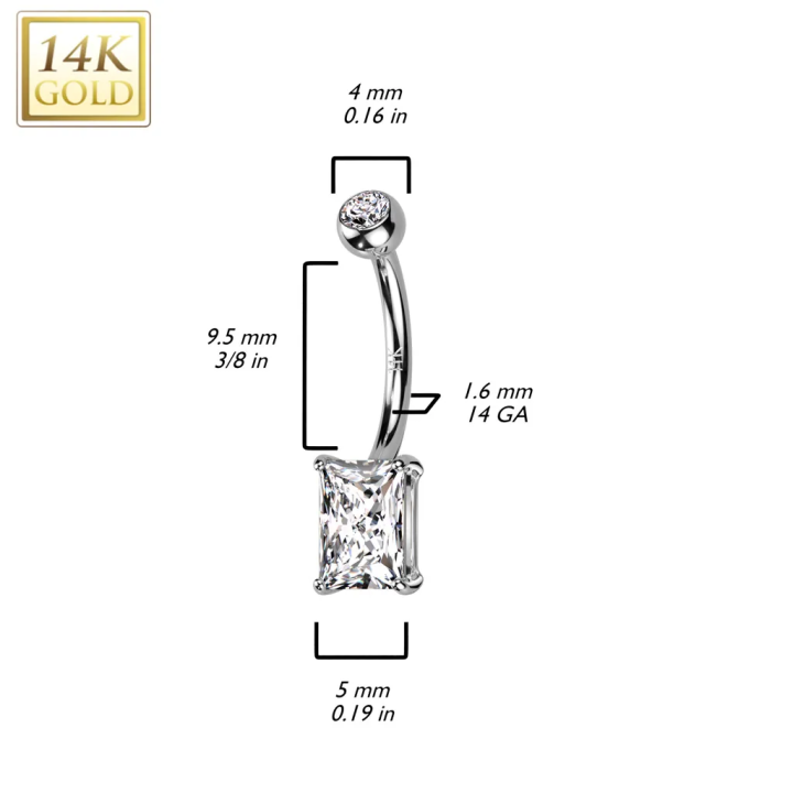 Piercing nombril en or blanc 14 carats avec zirconium baguette