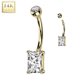 Piercing nombril en or jaune 14 carats avec zirconium baguette