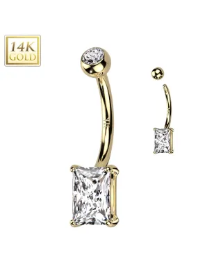 Piercing nombril en or jaune 14 carats avec zirconium baguette