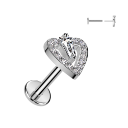 Piercing oreille en acier embout push-in coeur pavé et triangle