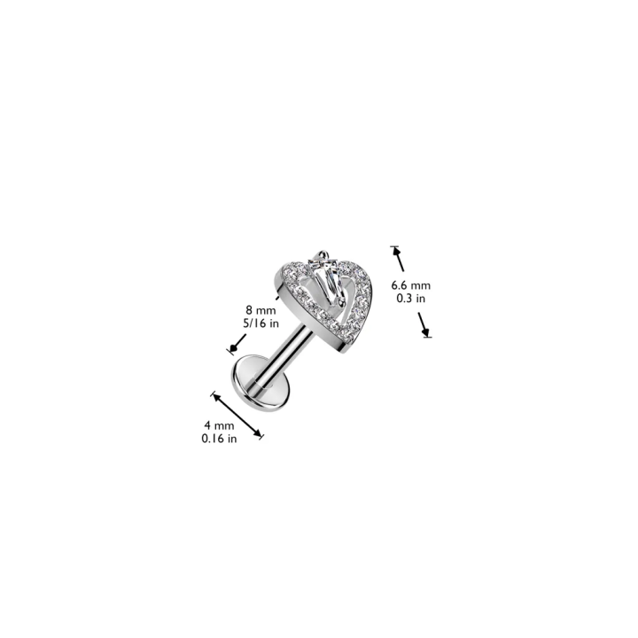 Piercing oreille en acier embout push-in coeur pavé et triangle