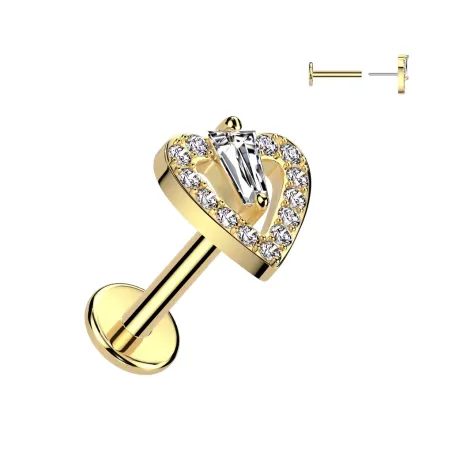 Piercing oreille en acier doré embout push-in coeur pavé et triangle