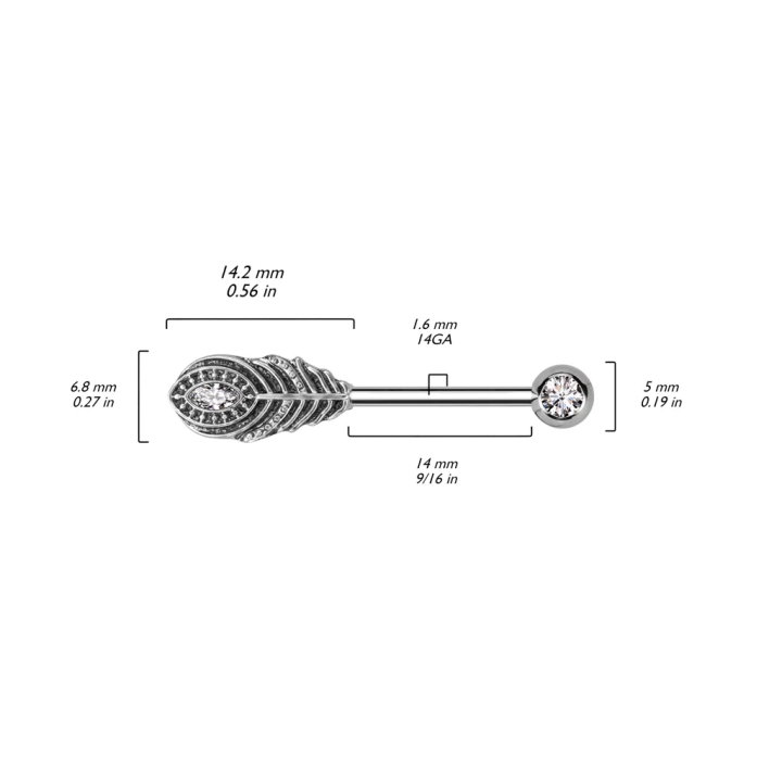 Piercing téton en acier plume serti d'une pierre blanche