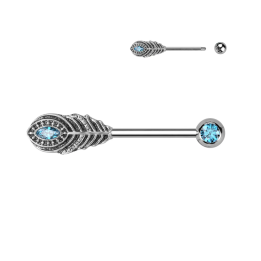 Piercing téton en acier plume serti d'une pierre turquoise