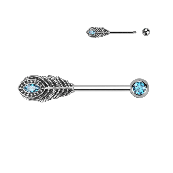 Piercing téton en acier plume serti d'une pierre turquoise