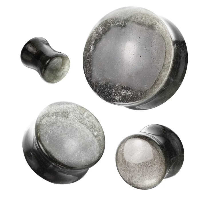 Piercing plug d'oreille en obsidienne argentée
