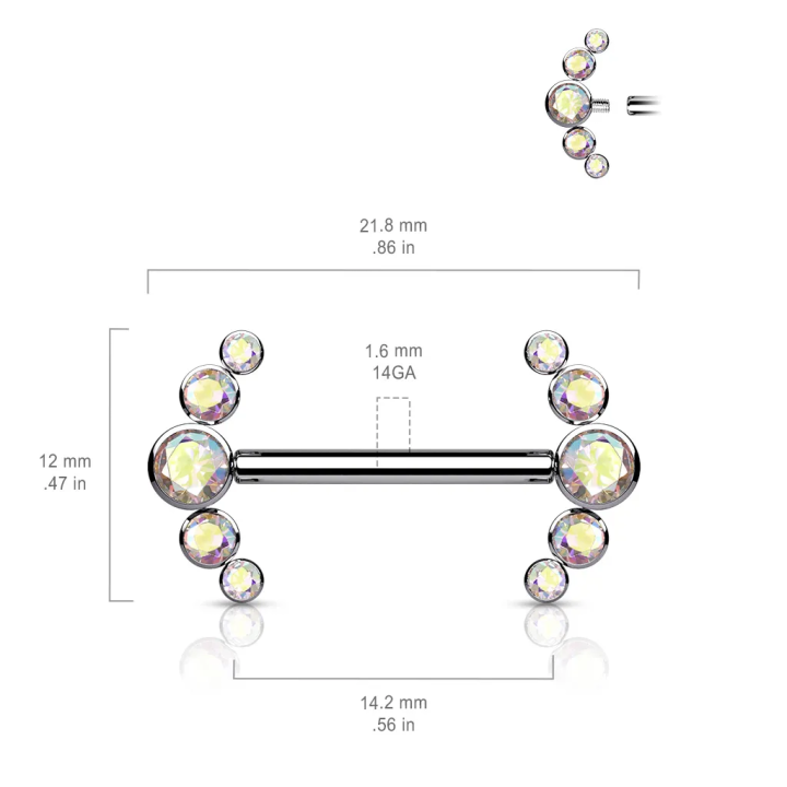 Piercing téton en titane incurvé serti de zircons aurore boréale