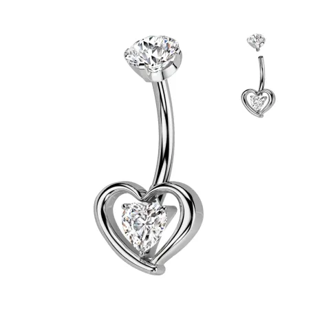 Piercing nombril en titane avec coeur serti d'un zirconium blanc