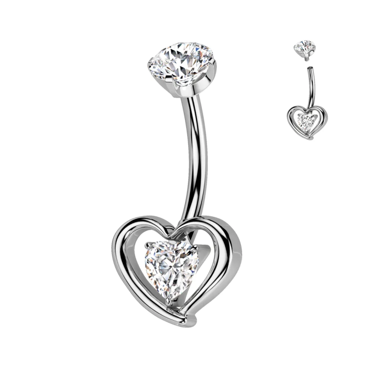 Piercing nombril en titane avec coeur serti d'un zirconium blanc