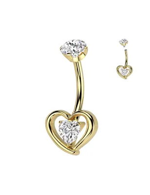 Piercing nombril en titane doré avec coeur serti d'un zirconium blanc