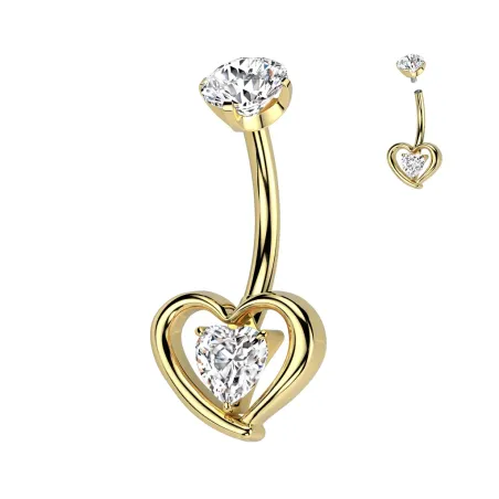 Piercing nombril en titane doré avec coeur serti d'un zirconium blanc