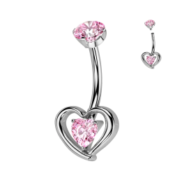 Piercing nombril en titane avec coeur serti d'un zirconium rose