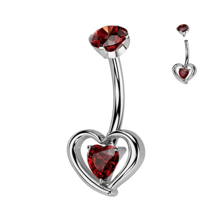 Piercing nombril en titane avec coeur serti d'un zirconium rouge