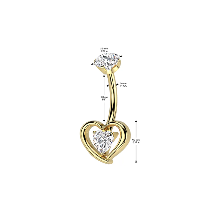 Piercing nombril en titane doré avec coeur serti d'un zirconium blanc