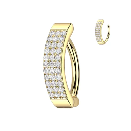 Piercing nombril plaqué or anneau clicker trois rangées de strass blancs