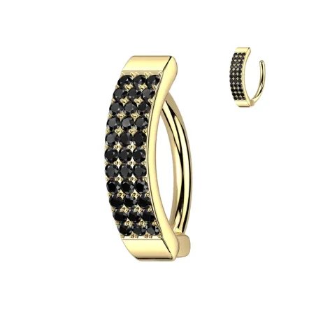Piercing nombril plaqué or anneau clicker trois rangées de strass noirs