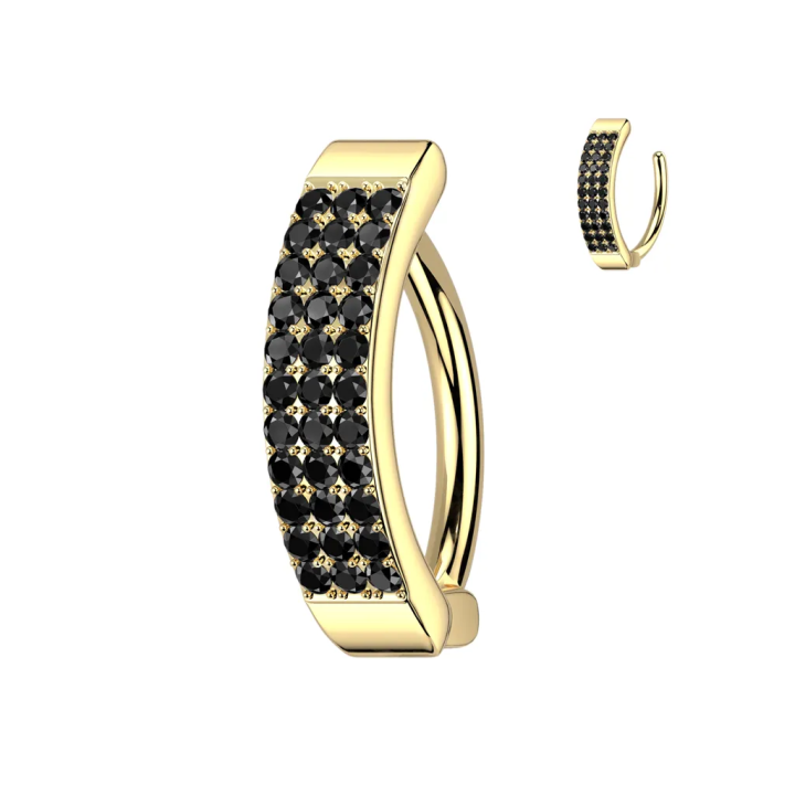 Piercing nombril plaqué or anneau clicker trois rangées de strass noirs