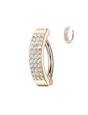 Piercing nombril plaqué or rose anneau clicker trois rangées de strass aurore boréale
