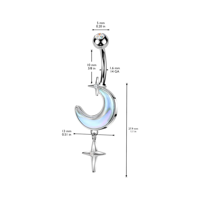 Piercing nombril lune aurore boréale et pendentif étoile