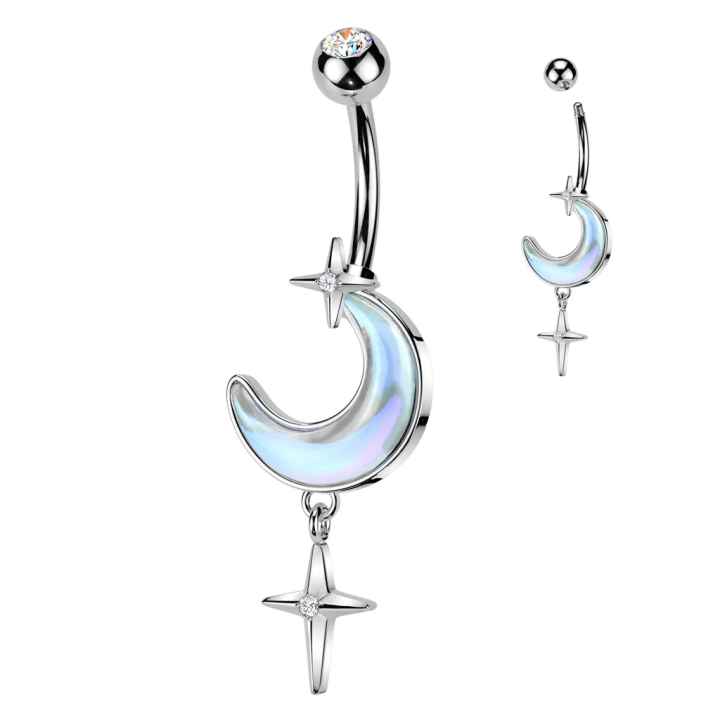 Piercing nombril lune aurore boréale et pendentif étoile