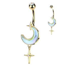 Piercing nombril lune aurore boréale et pendentif étoile plaqué or