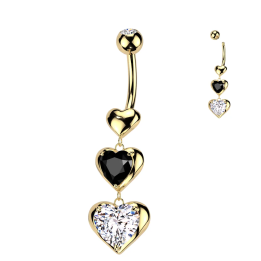 Piercing nombril trio de coeurs plaqué or