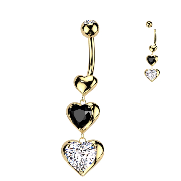 Piercing nombril trio de coeurs plaqué or