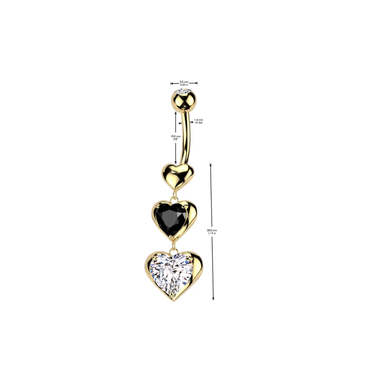 Piercing nombril trio de coeurs plaqué or