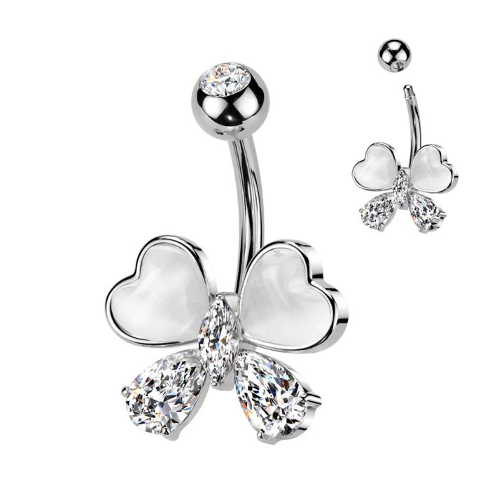 Piercing nombril papillon coeurs pierres oeil de chat