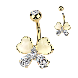 Piercing nombril papillon coeurs pierres oeil de chat plaqué or
