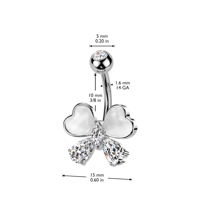 Piercing nombril papillon coeurs pierres oeil de chat