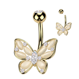 Piercing nombril papillon marquise pierres oeil de chat plaqué or