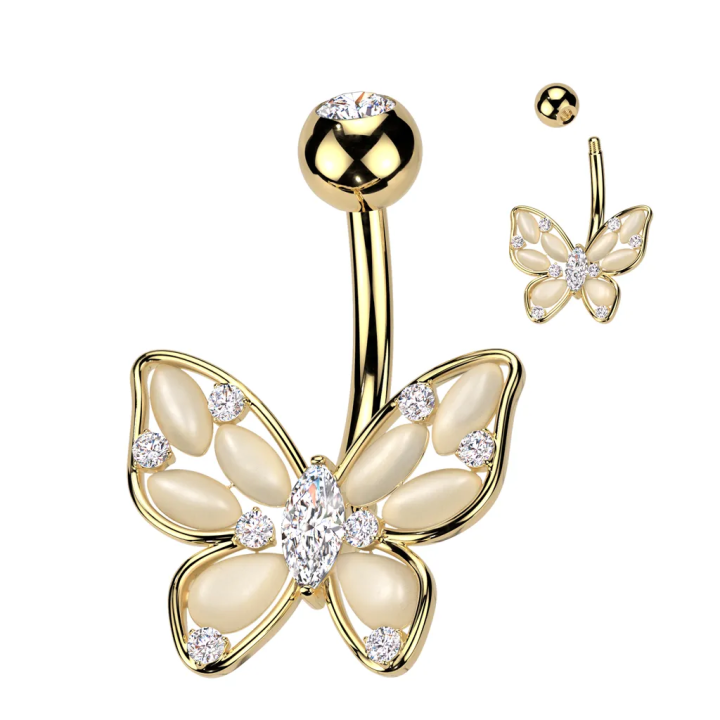 Piercing nombril papillon marquise pierres oeil de chat plaqué or