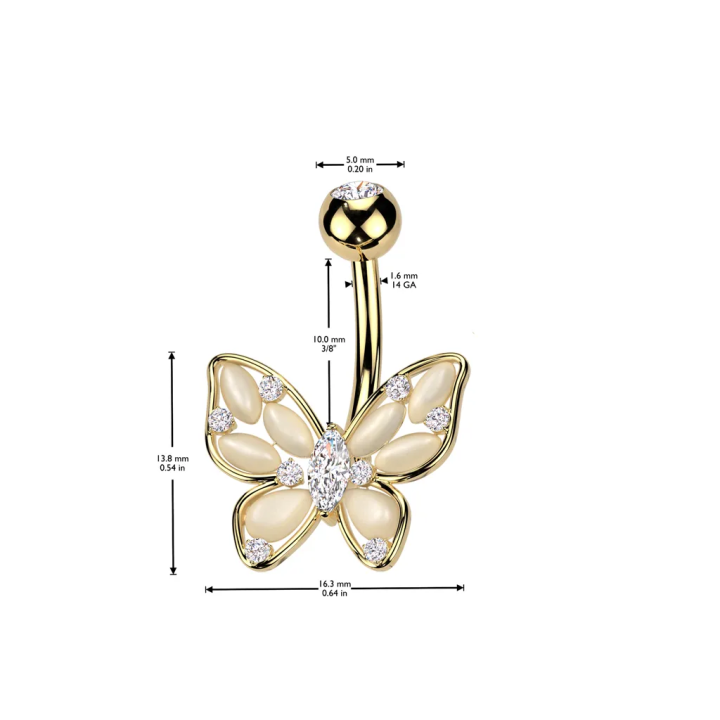 Piercing nombril papillon marquise pierres oeil de chat plaqué or
