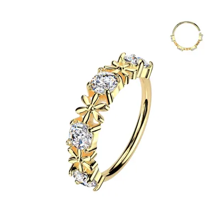 Piercing nez anneau plaqué or strass et fleurs