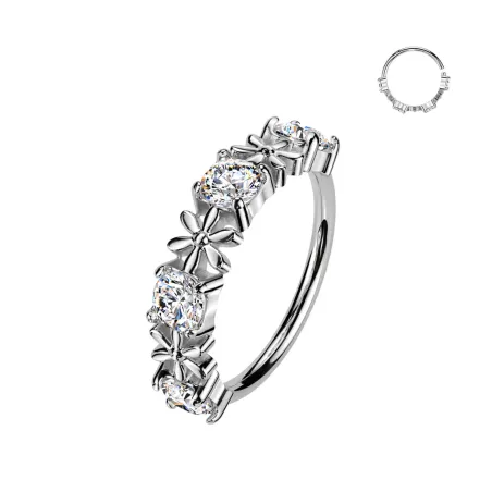 Piercing nez anneau plaqué platine strass et fleurs