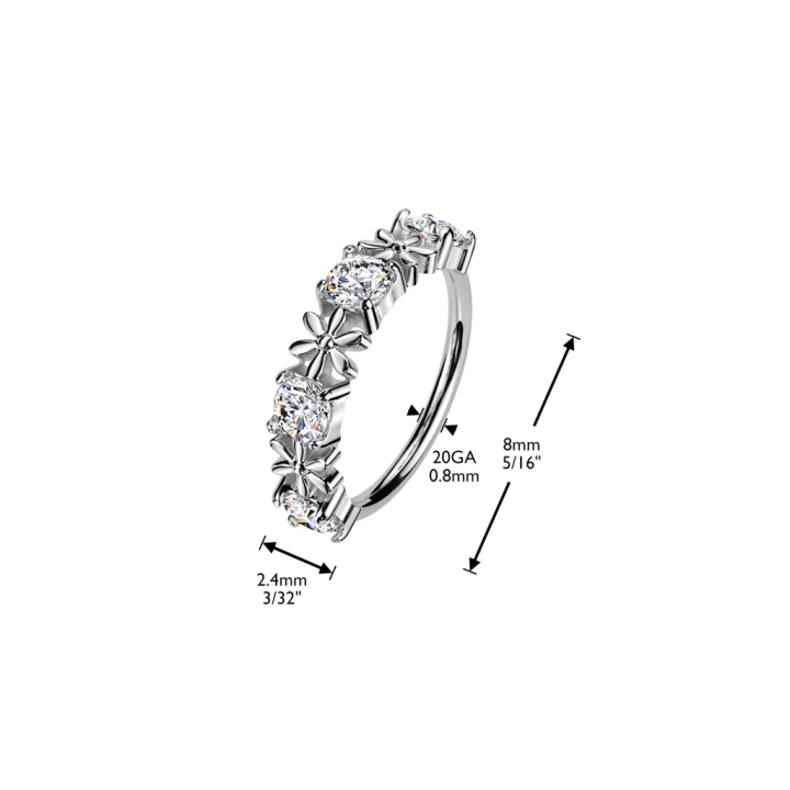 Piercing nez anneau plaqué platine strass et fleurs